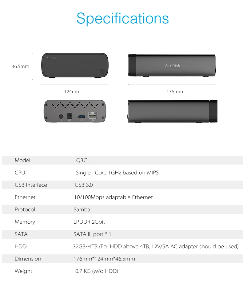 Airdisk Q3C мобильный сетевой жесткий диск USB3.0 семейный умный NAS сетевой облачный накопитель 3," удаленно мобильный жесткий диск коробка(не HDD