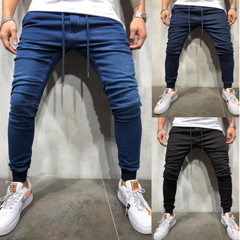 

2019 new men's jeans fashionable men's casual slim tight leg stretch leggings for men to sell solid color denim fabric pants