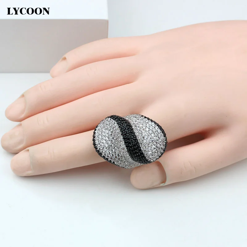 

LYCOON newest elegant strip style irregular wedding rings prong setting black Cubic Zirconia silver-color ring for women LYD196
