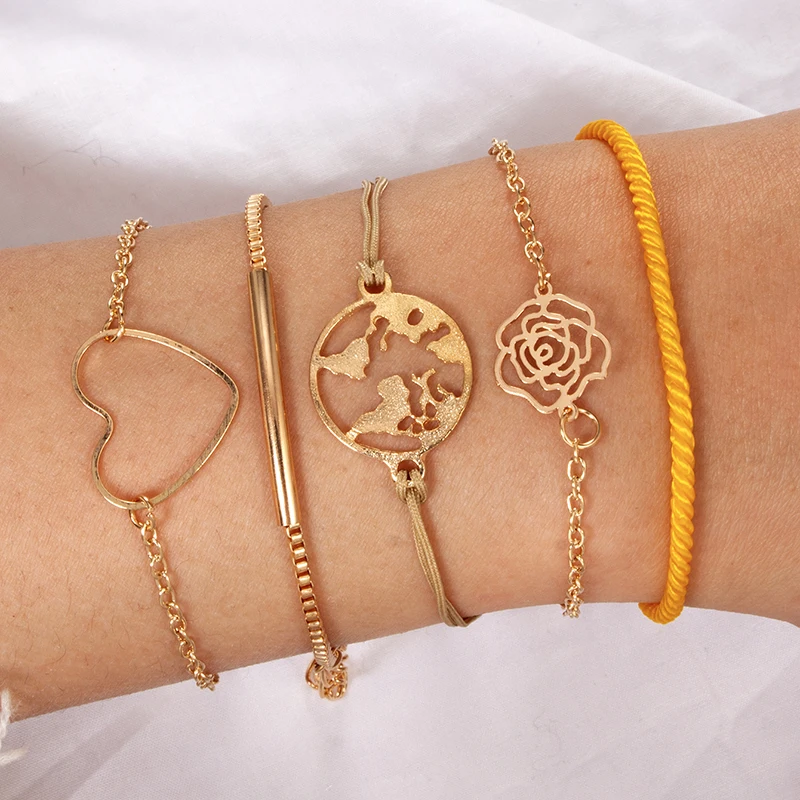 

docona Hollow Heart Flower Map Bracelets Set for Women Girl Orange Cotton Rope Charms Bracelet Bangles Pulseras Accessories 5618