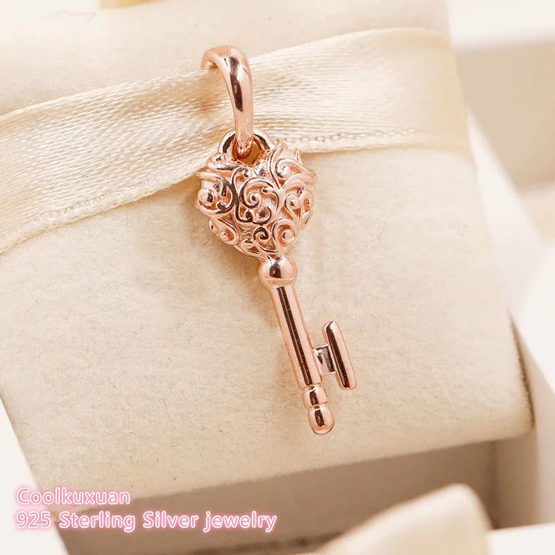 

100% 925 Sterling Silver Regal Key Pendant, Rose Gold Beads Fit Original Brand Charms Bracelet Jewelry Making 2018 Autumn