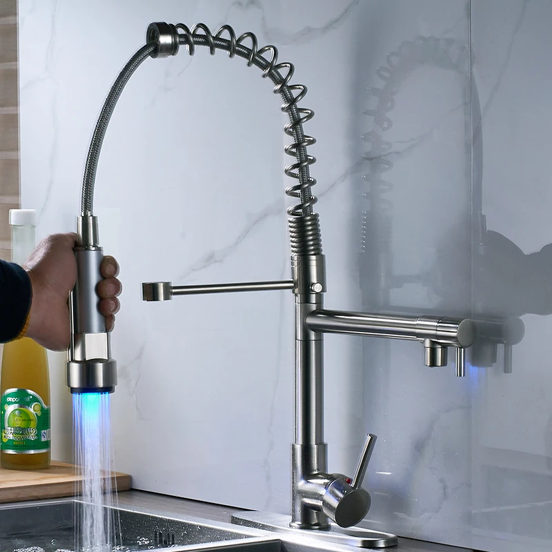 quyanre gappo led changes kitchen spring faucet sink faucet single handle hot cold water mixer tap dual spout pull down spray bathroom sink faucet2