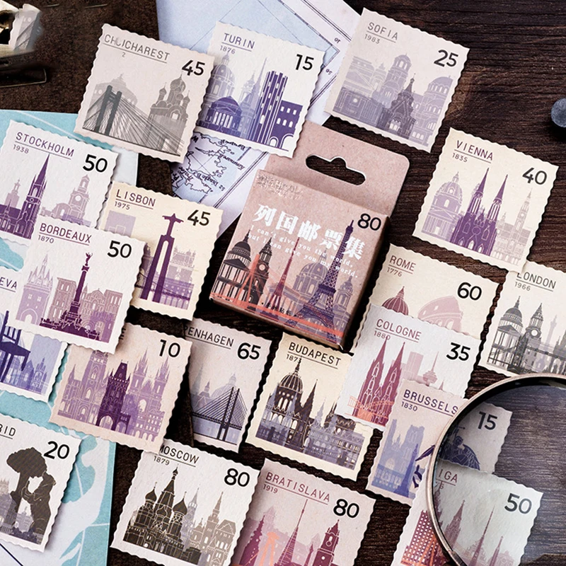 

46Pcs/box Vintage stamps Stickers Scrapbooking Creative DIY Bullet Journal Decorative Adhesive Label Retro Stationery Supplies