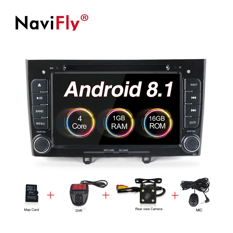 NaviFly 2 din Автомобильный dvd-плеер Android 8,1 Авторадио мультимедийный плеер для PEUGEOT 308 2007-2013408 2011- с gps навигацией - Цвет: black dvr camera