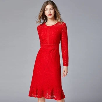 

2020 high quality red mermaid lace dress plus size O neck long sleeves office Lady OL design elegant women trumpet lace dresses