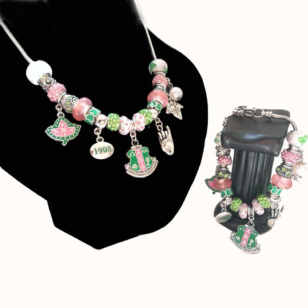 

AKA letters pink green Sorority 1908 IVY leaf Charms necklace Jewelry