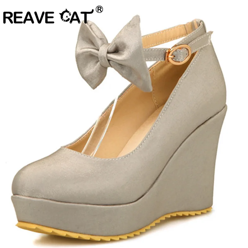 

REAVE CAT Big size 30-50 Shoes woman Wedges High heels platform Buckle Spring shoes for ladies Casual Sweet 4 Color Sale QL5084