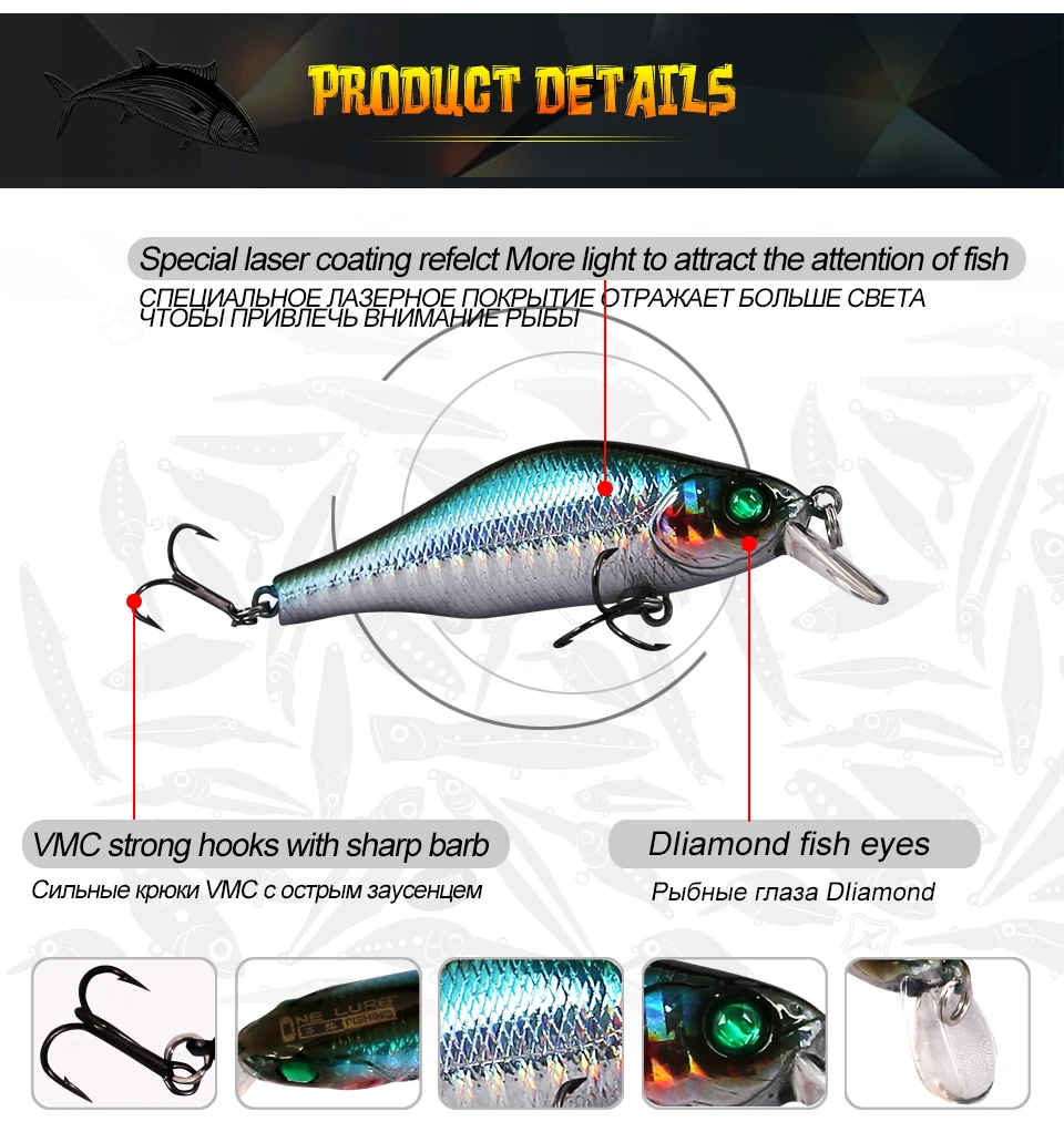 One Lure Fishing Minnow Wobblers 70mm 8g 1PC Artificial Bait Fishing Lures China Floating Lure With 2 VMC Hooks Model 3504 (3)