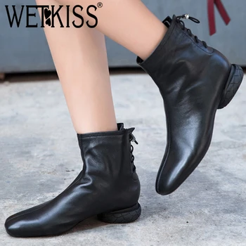 

WETKISS Genuine Leather Women Ankle Boots Square Toe Cross Tied Footwear Thick Heels Female Boot Casual Shoes 2018 Winter New