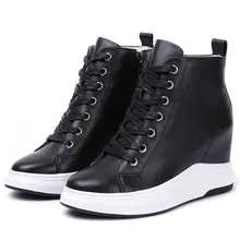 Женские кроссовки на танкетке 8 см; ботильоны, увеличивающие рост; дышащая обувь из натуральной кожи на высокой платформе; спортивная обувь для прогулок