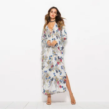 

2019 New spring Summer Dress Fashion Casual Temperament Print Large Size Flare Sleeve Long Sleeve V Neck Long Dress Women ZW192