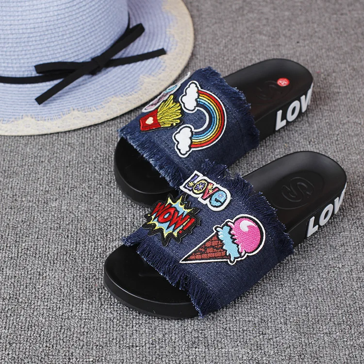 New Womens Sandal Styles Cartoon Patch Embroidery Tassel Flat With Open-toed Slip Holiday Shoes 2016 Comfort Cheap Slippers60