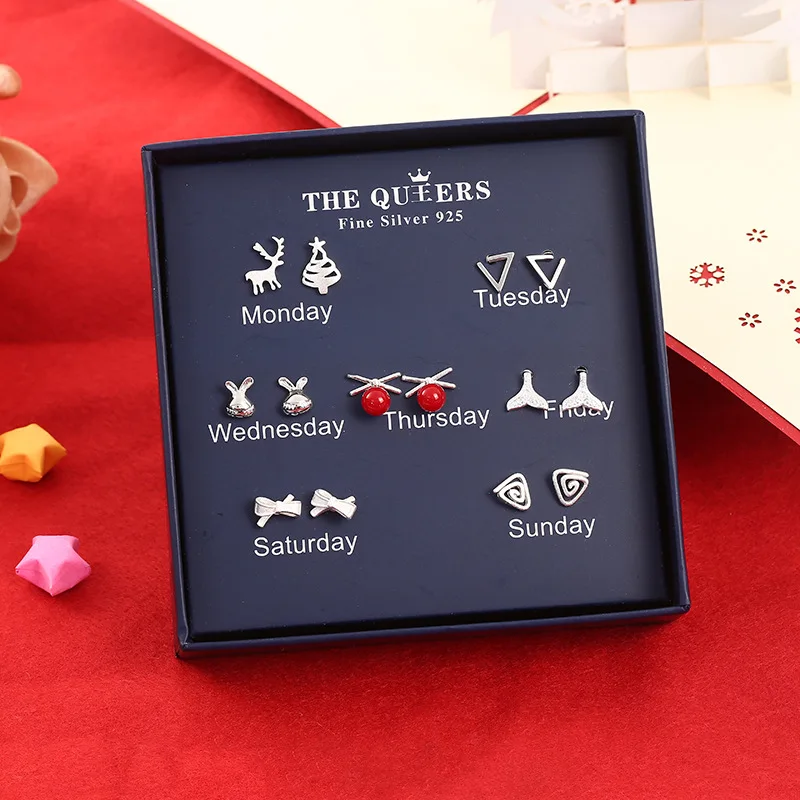 

Hot! One Week Earrings Set Simple 925 Sterling Silver Needle Merry Christmas Stud Earrings for Women Daily Party Gift Jewelry