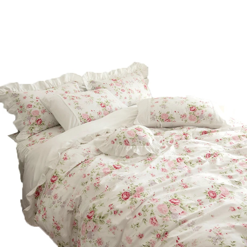 Best Free shipping Korean princess ruffles 100%cotton bedding set 3 4pcs twin full queen king size floral printing bed skirt MR