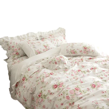 

Free shipping Korean princess ruffles 100%cotton bedding set 3/4pcs twin full queen king size floral printing bed skirt MR