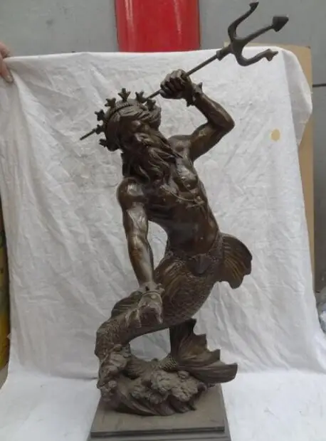 

28" Chinese Bronze Art Davy Jones Nereus Mermaid Sea Fish God Statue