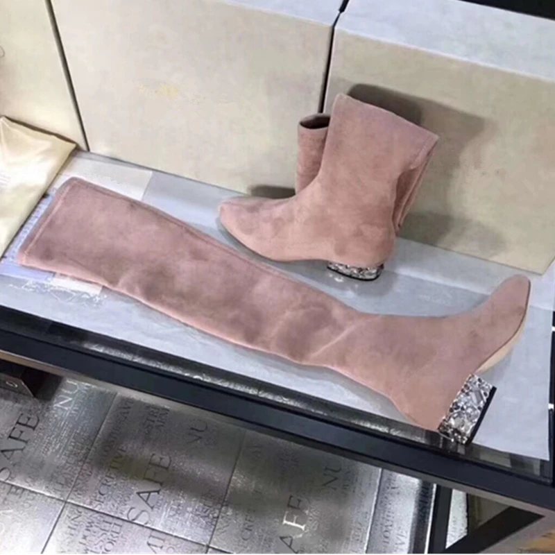 Suede Leather Rhinstone Long Over The Knee Boots Shoes Ladies Sexy Party Elastic Force Zipper Motorcycle Low Heels Boots Woman Suede Leather Rhinstone Long Over The Knee Boots Shoes Ladies Sexy Party Elastic Force Zipper Motorcycle Low Heels Boots Woman