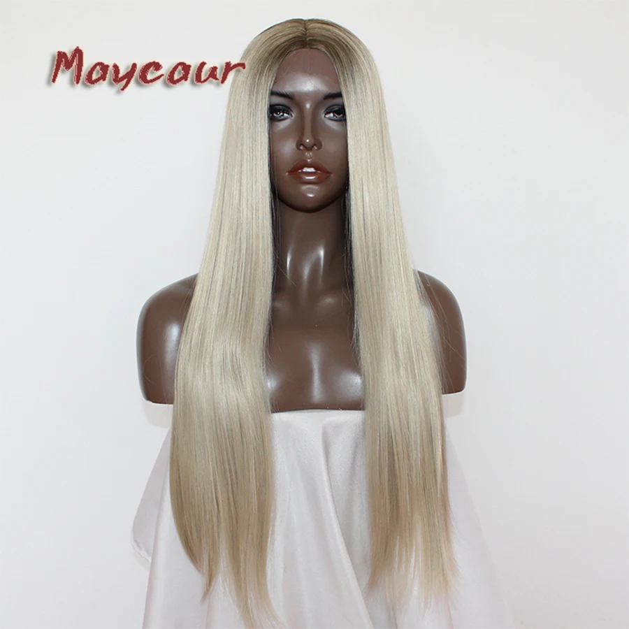 Maycaur волосы средней части длинные волосы волнистые волосы парики Glueless черный цвет синтетические кружева передние парики для черных женщин