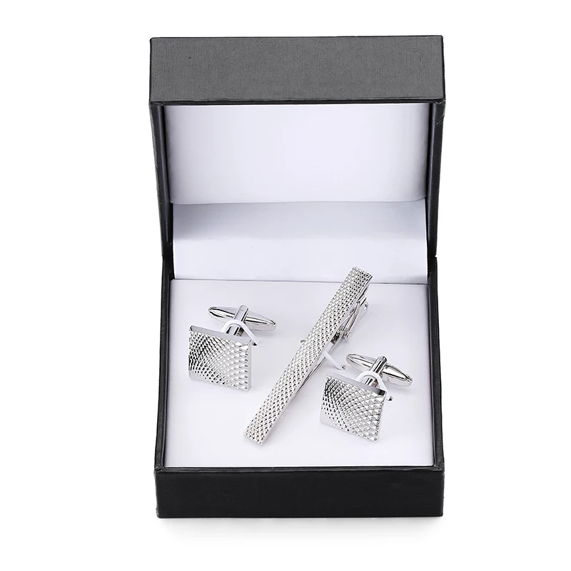 1 новые роскошные брендовые Запонки Зажим для галстука серебряные металлические лазерные Запонки Зажим для галстука, Классический бутик подарочный набор