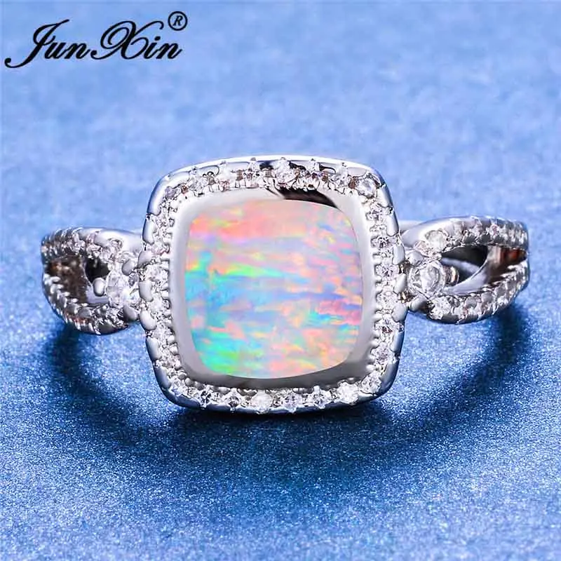 White Opal Ring Бохо океан синий белый огненный опал кольца для женщин 925 Серебряный Цвет Геометрические Квадратные обручальные кольца циркон обручальное кольцо ювелирные изделия - Цвет основного камня: White Opal Ring