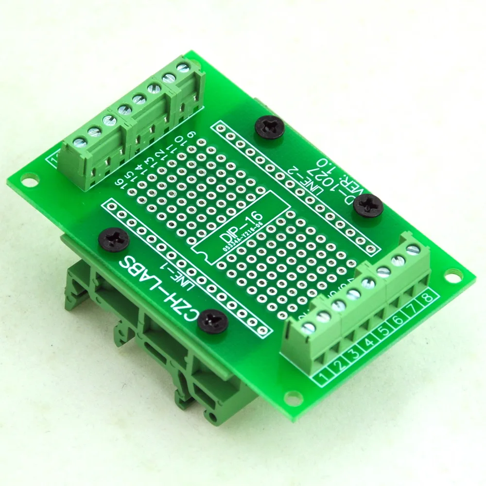 

DIP-16 Component to Screw Terminal Adapter PCB, w/Simple DIN Rail Mount Bracket.