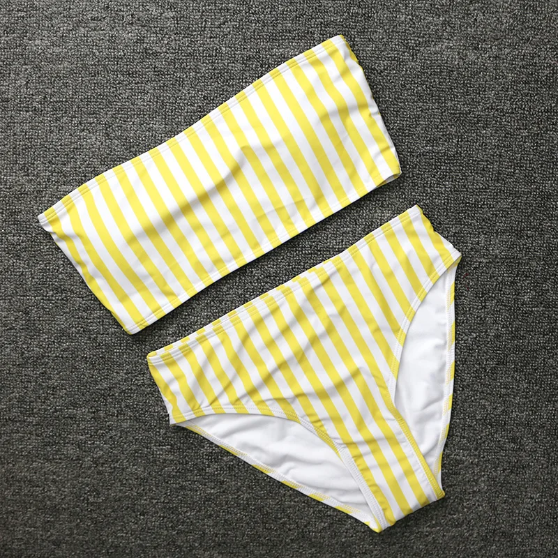 PLAVKY 2019 Retro Sexy Yellow Striped Strapless Bandeau Biquini Cut High Waist Swim Bathing Suit Swimsuit Swimwear Women Bikini