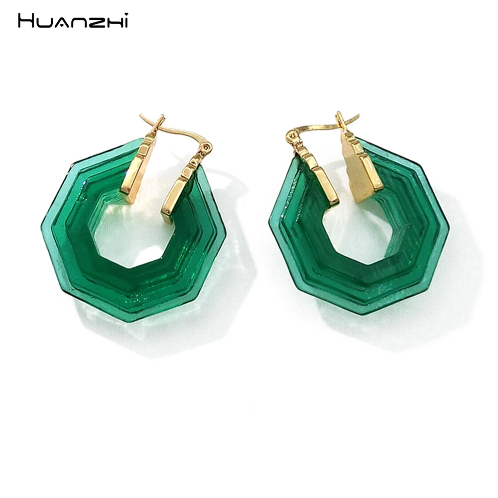 

HUANZHI 2019 New Design Simple Hexagon Angle Green Transparent Acrylic Brass Gold Metal Plated Earrings for Women Party Gifts