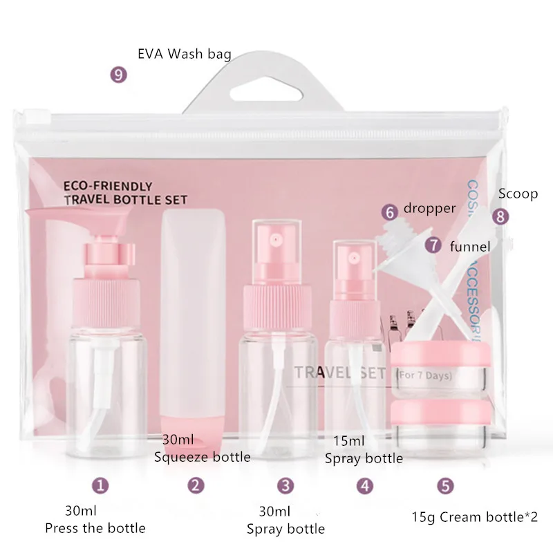 9pcs/set Women Portable Flight Travel Set Spray Bottle Pack Liquid Containers Shampoo Cream Cosmetics Refilable Bottles 20#630