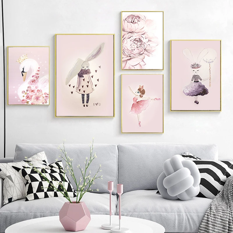 Домашний декор Скандинавская Картина на холсте настенное искусство Кролик Девочка F розовый акварельный принт ребенок сладкий спальня гостиная плакат картина