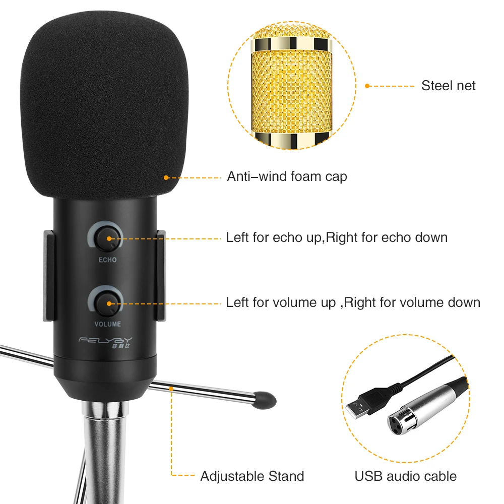 FELYBY bm 800 Модернизированный bm 900 Mikrofon набор профессиональный караоке студия USB конденсаторный микрофон для компьютера/ноутбука/ПК записи