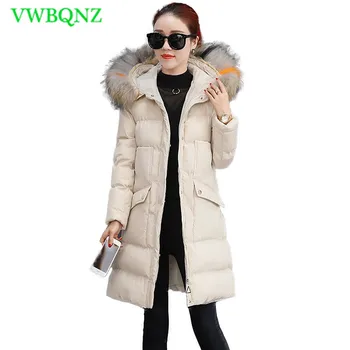 

Women Warm Down cotton Jacket Winter High quality Long Cotton Outerwear Elegant Ladies Slim Wild Hooded Fur collar Overcoat A14