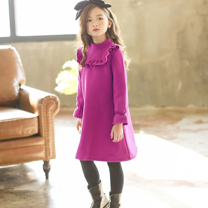 

Thick Velvet Girls Dress 2018 Autumn Winter Teenager Girl Warm Fleece Purple Sweatshirt Dress Kids Ruffle Princess Party Frocks