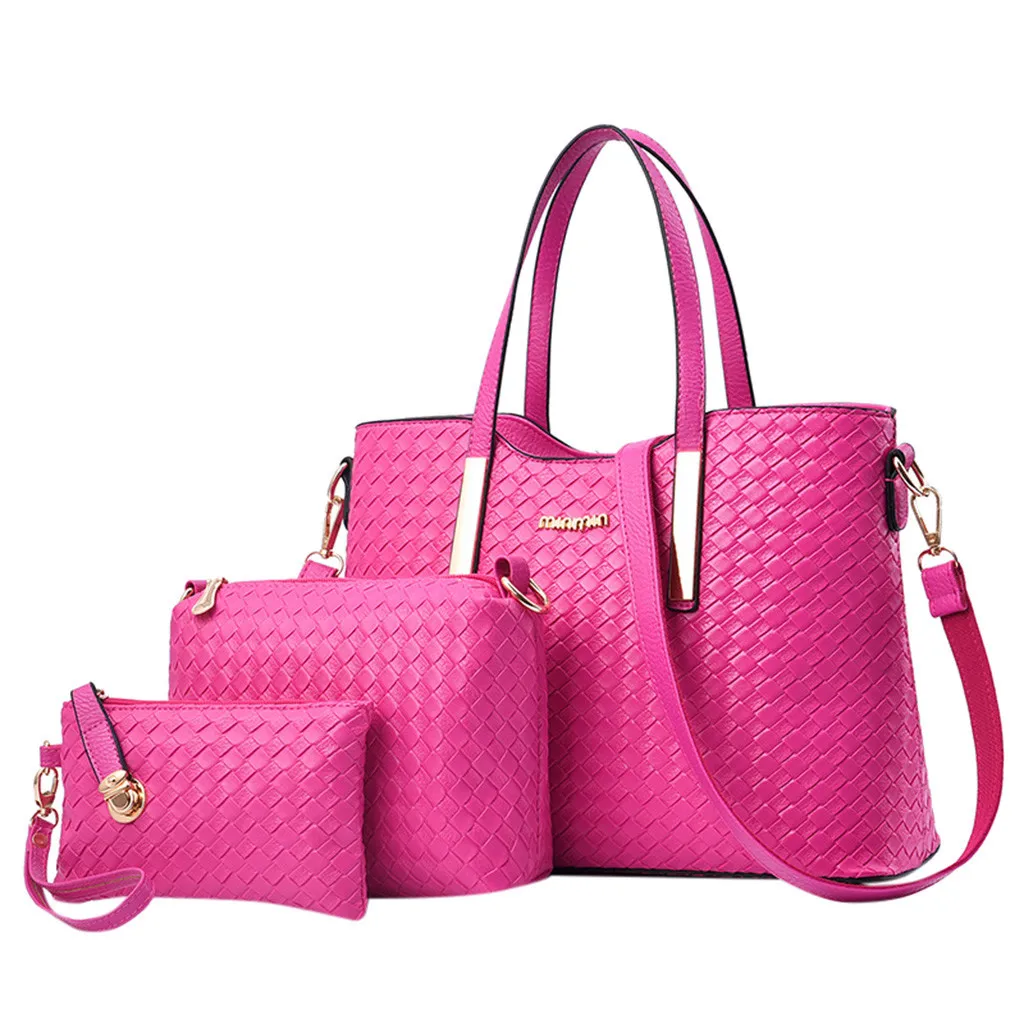 3 шт., женские кожаные сумки, одноцветная сумка-мессенджер для отдыха, женские модные сумки-мессенджеры+ Сумочка+ кошельки, сумки для женщин - Цвет: Hot Pink