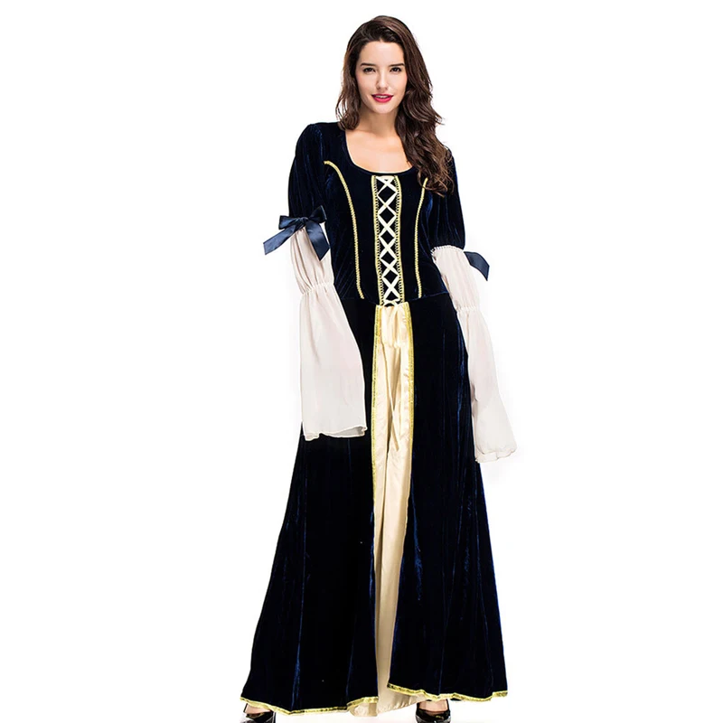 Adult Women Deluxe Medieval Dark Blue Renaissance Court Princess Bodices Costume Maiden Long Faire Velvet Gown Dress For Ladies |