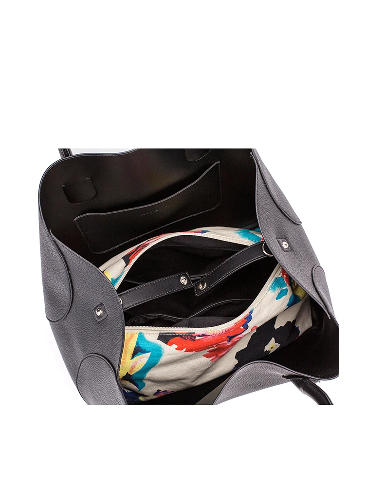 Miyaco Brand Women Handbags Dress Ladies Bag Small Casual Tote Black Leather Top-Handle Bag with Floral Pouch