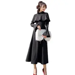 2018 Новый Винтаж Для женщин длинное платье с расклешенным рукавом шаль платья Черный 9867