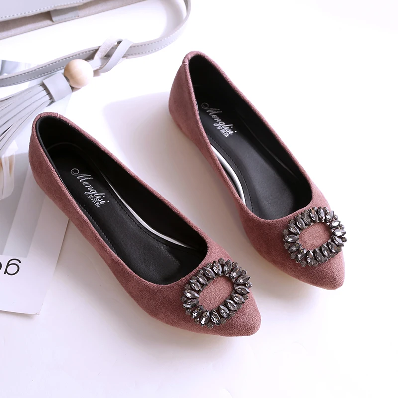 

High Quality 2019 New Sexy Pointed Toe Suede Ballets Flats Shoes Fashion Women Crystal Flats Brand Boats Shoes Plus Size 33-45