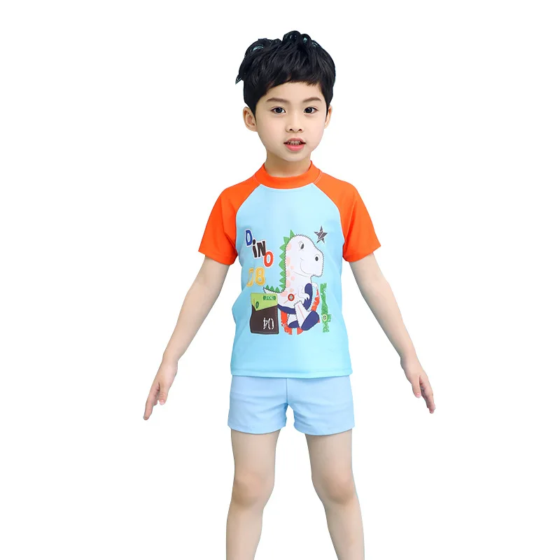 

6-12Years Kids Teen Boys Swimwear Quick Dry 2pcs Swim Suit( T Shirt+Trunk) Beach Swimsuits Sunblock Bathing Suit shark dinosaur