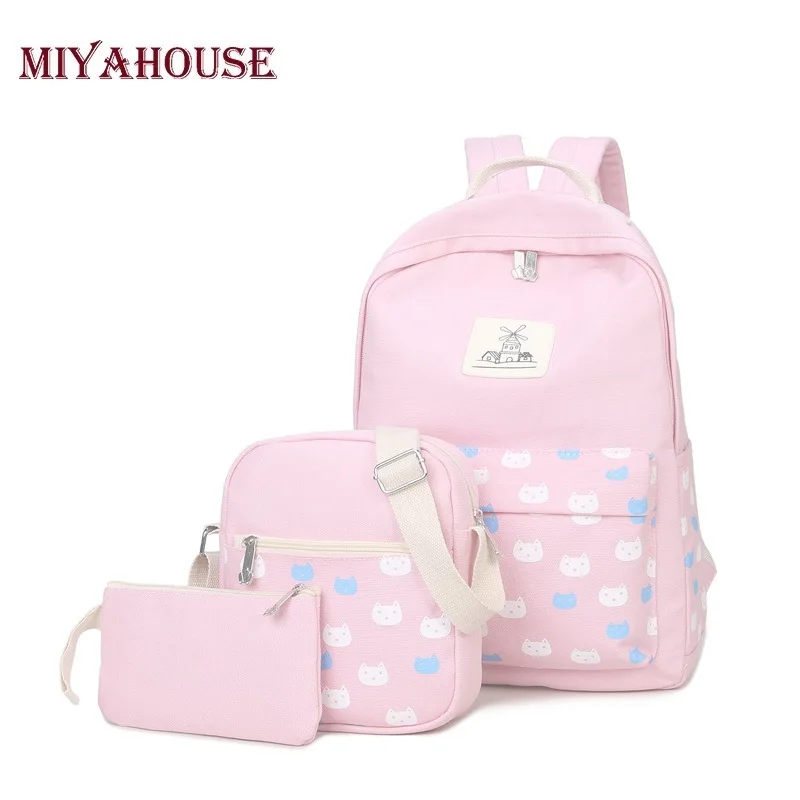 Miyahouse 3pcs set Cat Printing Backpacks For Teenage Girls Shoulder Bag Women Backpack Canvas School Bags