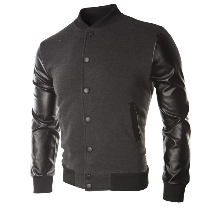 New Men/'s Fashion Sweatshirt Jacket Sweats Leather Sleeve Splice Cardigan Coats
