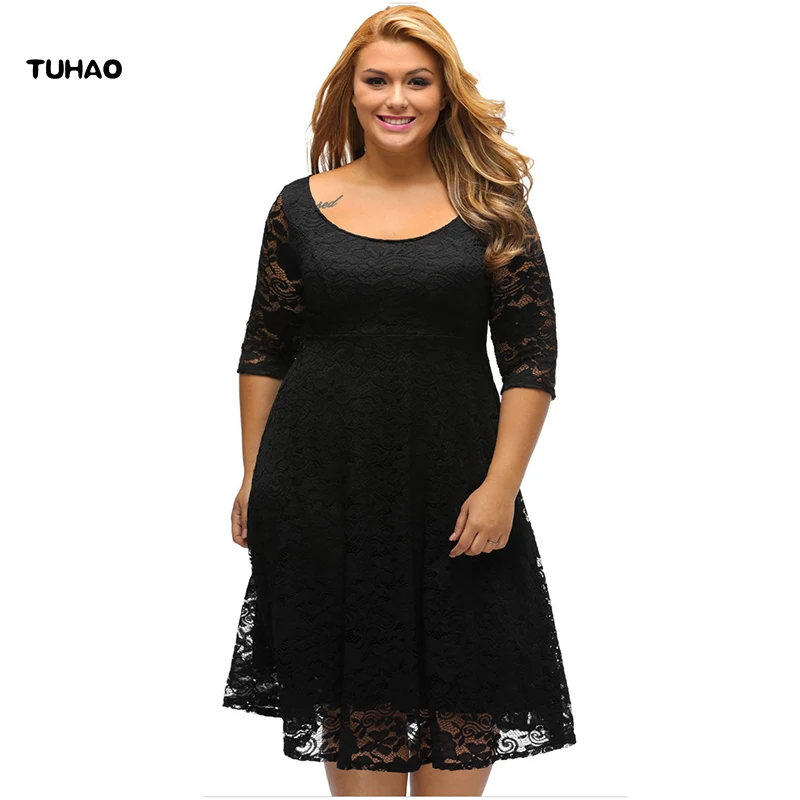 

TUHAO High quality plus size 3XL women office dress elegant black white dresses lace autumn dress casual female clothing DL17