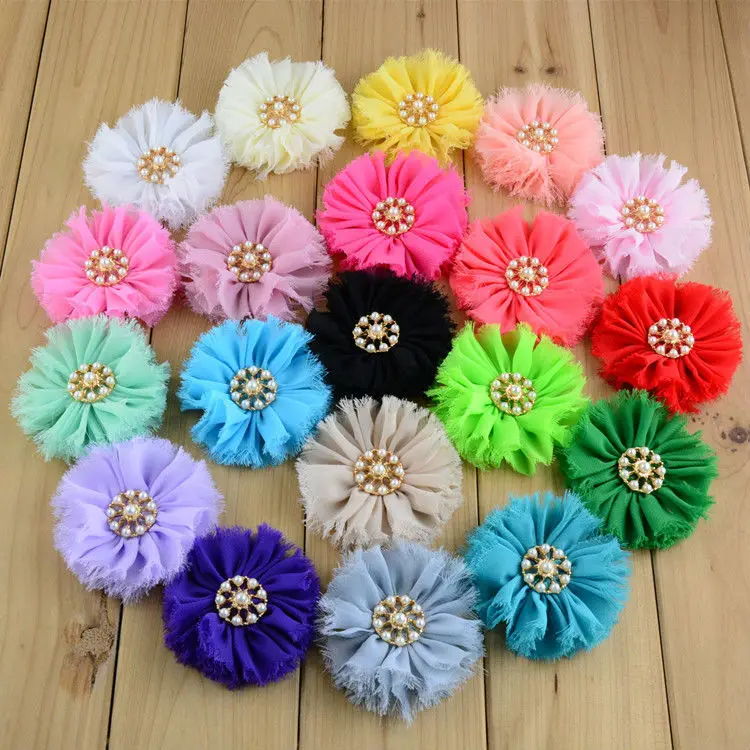 

100pcs/lot 2.8 Inch Shabby Chiffon Flowers with Rhinestone Buttons Made by Hand Flat back Girls Hair Accessories MH86