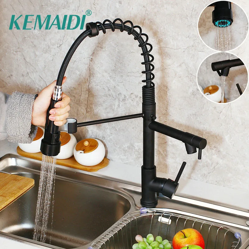 Günstige KEMAIDI Schwarz Pull Out   Unten Swivel Küche Wasserhahn Gedreht Becken Waschbecken Wasserhahn Mischbatterie 2 Funktionen Küche Mischbatterien