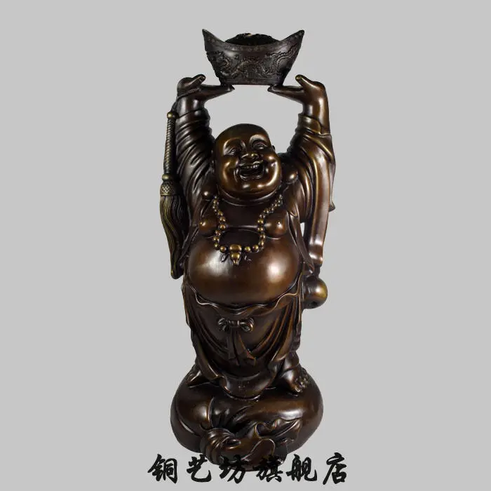 

18" China Bronze Buddhism Happy Maitreya Buddha Lift Coins Ingot Statue QQ EW