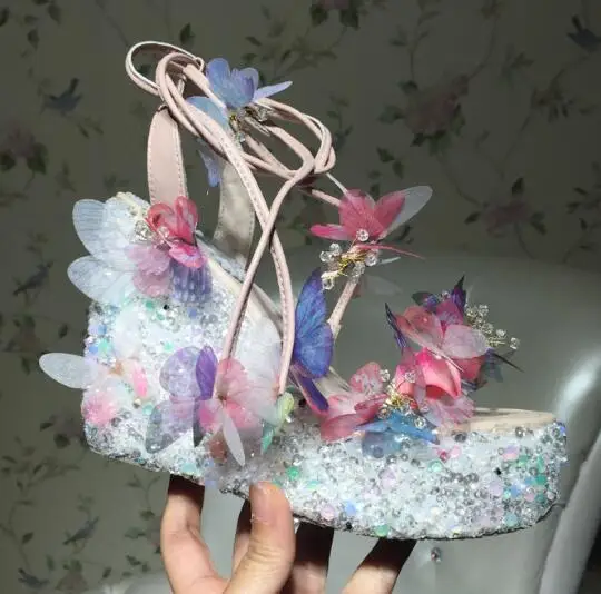 

2017 hot selling handmade lace-up crystal sandal sexy open toe colorful rhinestones flower wedge sandal woman platform sandal
