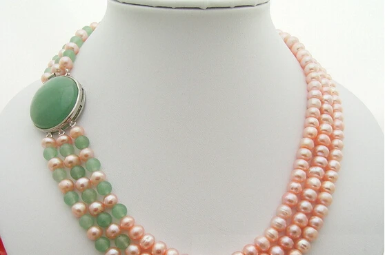 

HOT N667 3Strds Pink Pearl&Aventurine Necklace