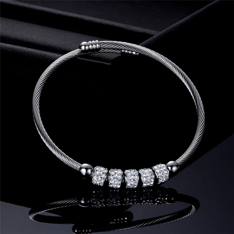 Modyle New Fashion Silver Color Stainless Steel Jewelry Brand White CZ Stone Heart Bracelets bangles for Women Bijoux