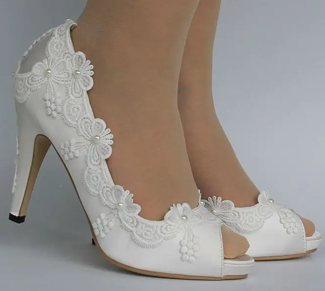 

White laces bridal pumps shoes sexy thin super high heels open peep toes HS044 pearl ladies female brides wedding pumps shoes