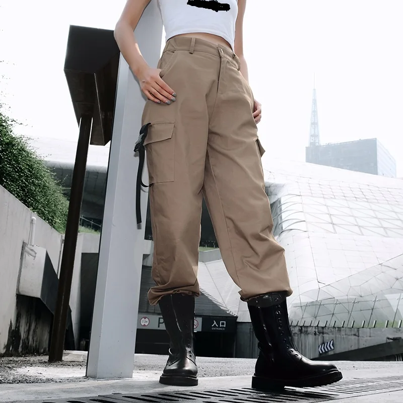 Уличная бегунов шаровары Высокое брюки с высокой талией женские пот Штаны широкие брюки цвета: зеленый, черный хаки боковой кнопки цепи