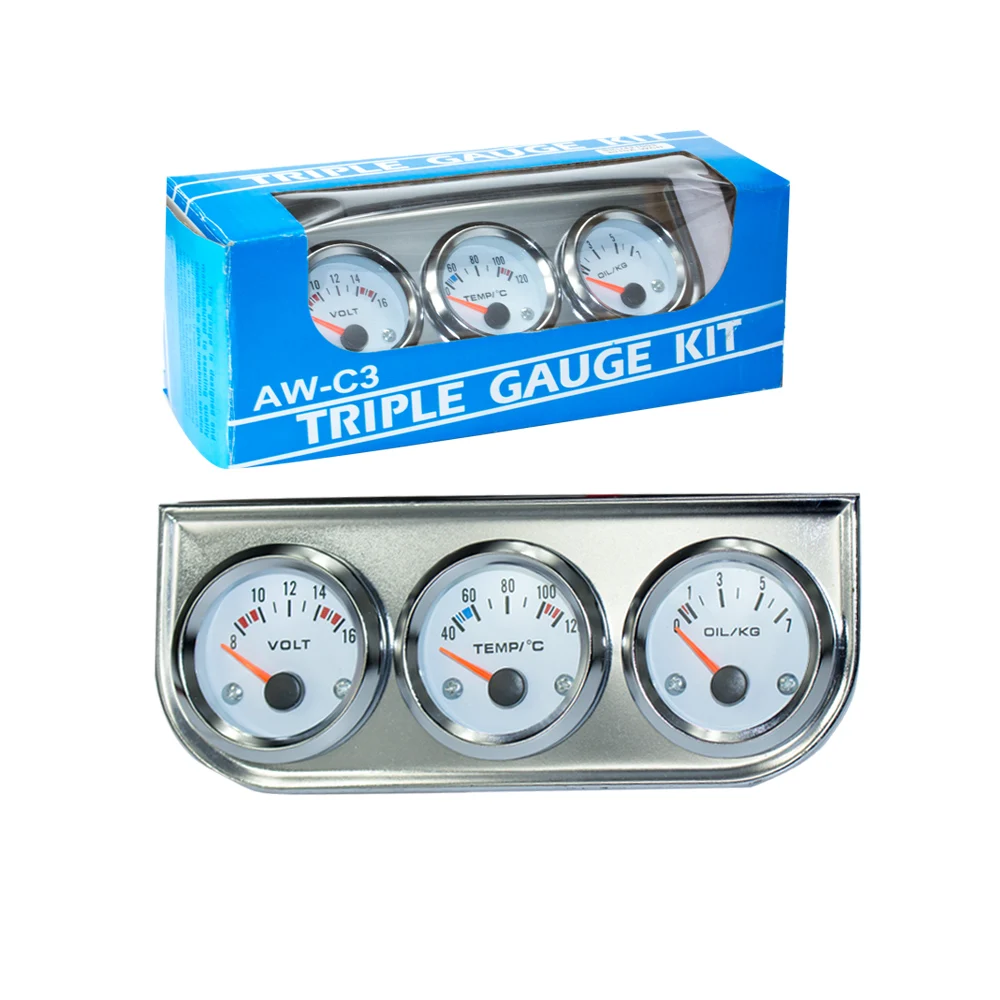 2'' 52mm Chrome Car Triple Gauge Set Kit AMP Meter Water Temp Oil